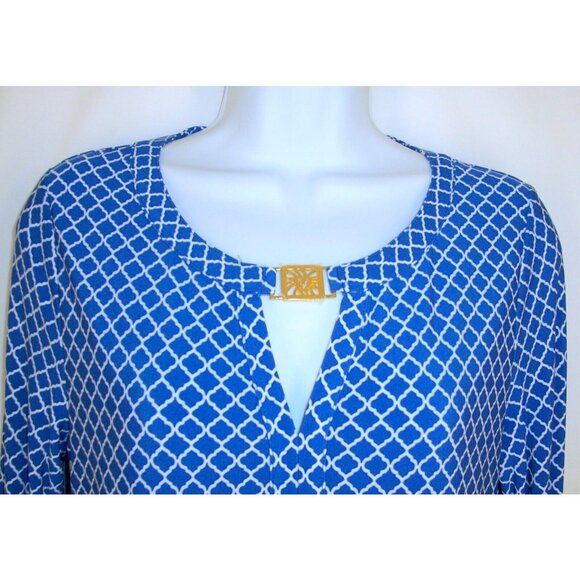 Anne Klein Blue Retro Shift Dress 4 Geometric Keyhole Neck Long Sleeve Stretch - Picture 2 of 11
